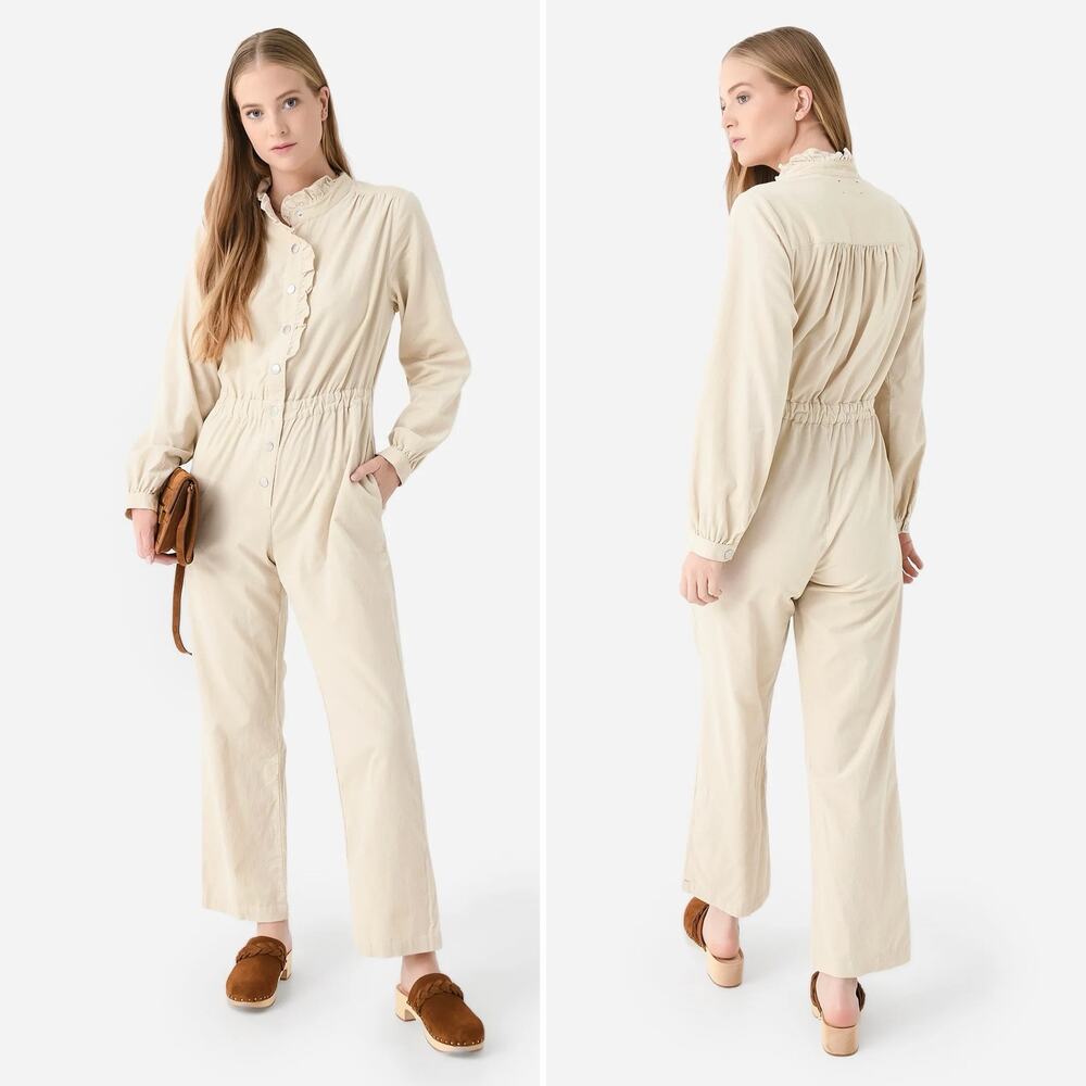 Xirena Harlee Jumpsuit Size Small‎ Bisque Cream Corduroy Ruffle High Neck Chic